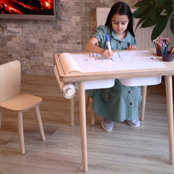 Montessori Masası ve Sandalye Seti - Huş Ağacı (Kalemlikli)