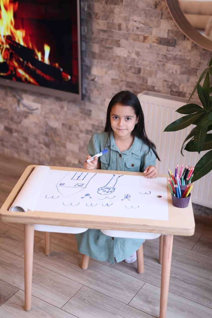 Montessori Masası ve Sandalye Seti - Huş Ağacı (Kalemlikli)