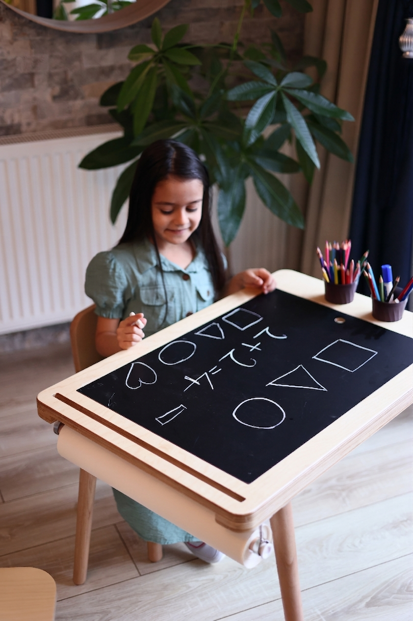 Montessori Masası ve Sandalye Seti - Huş Ağacı (Kalemlikli)