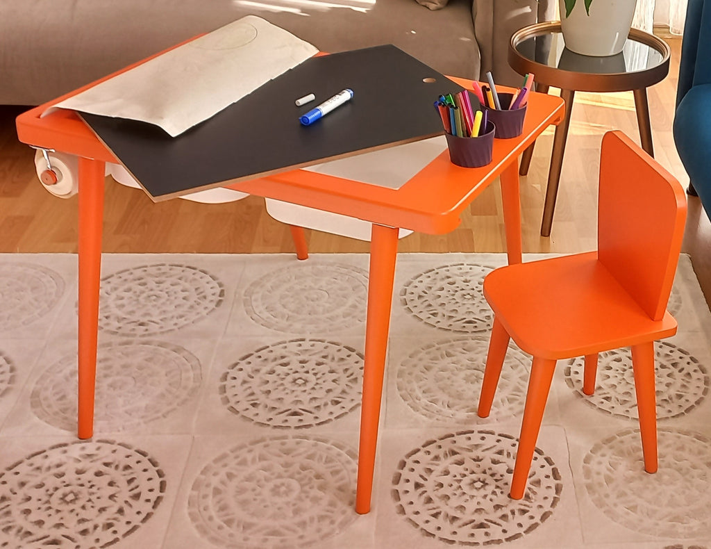 Turuncu Renkli Montessori Ahşap Aktivite Masası - Huş Ağacı