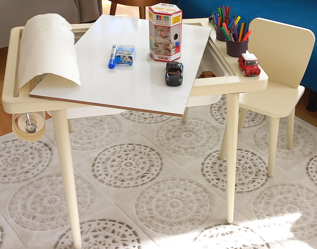 Krem Renkli Montessori Ahşap Aktivite Masası - Huş Ağacı
