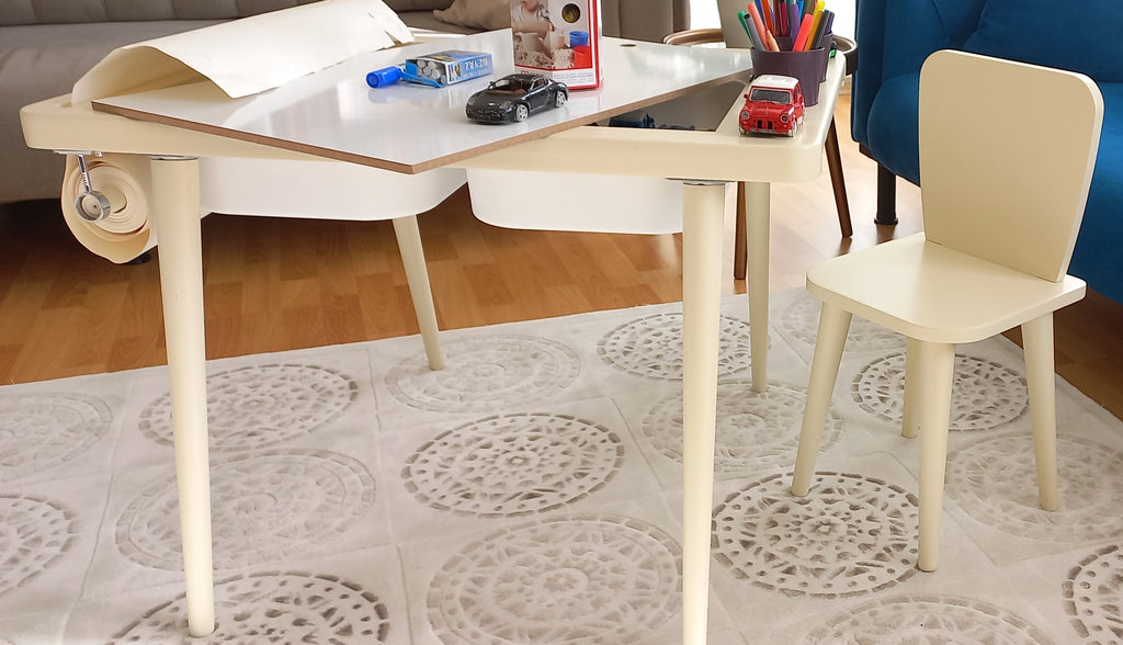 Krem Renkli Montessori Ahşap Aktivite Masası - Huş Ağacı