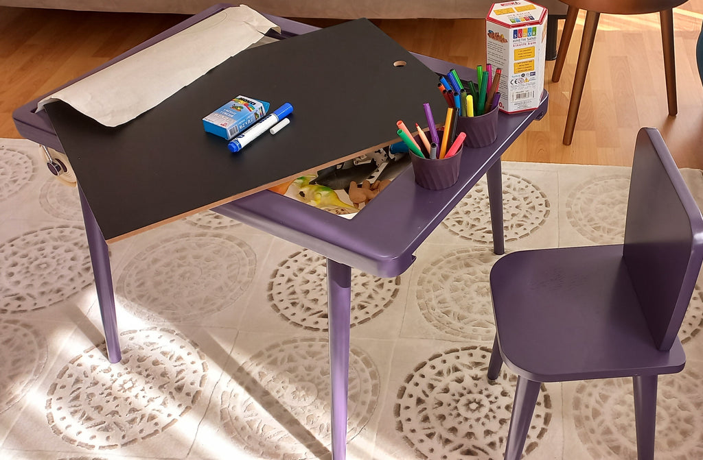 Mor Renkli Montessori Ahşap Aktivite Masası - Huş Ağacı