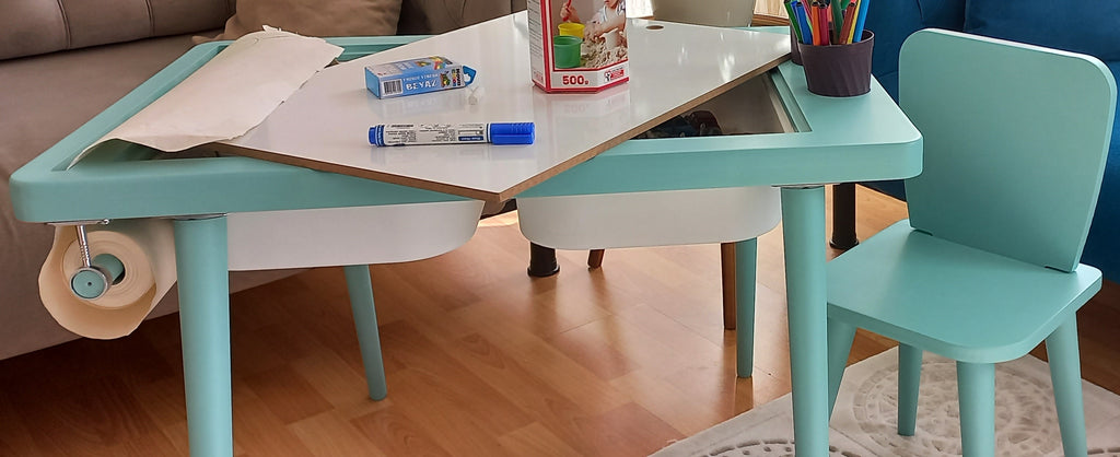 Turkuaz Renkli Montessori Ahşap Aktivite Masası - Huş Ağacı