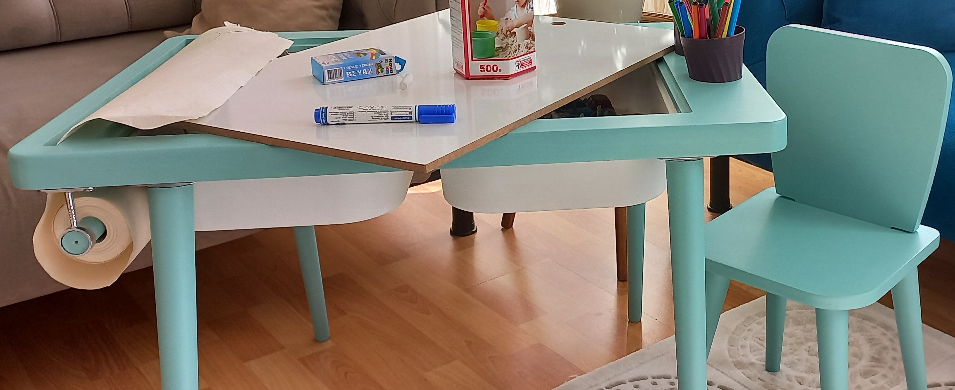 Turkuaz Renkli Montessori Ahşap Aktivite Masası - Huş Ağacı