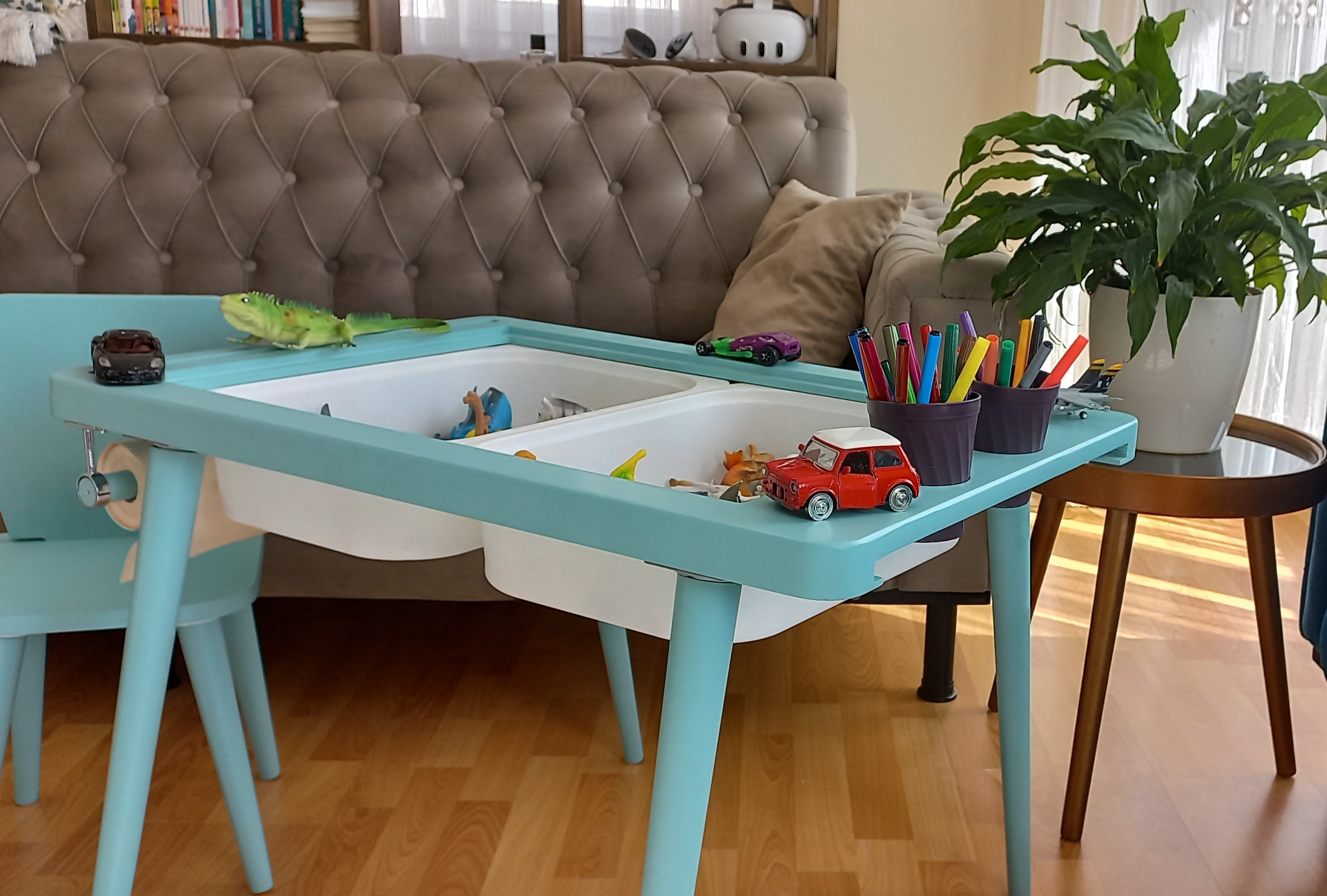 Turkuaz Renkli Montessori Ahşap Aktivite Masası - Huş Ağacı