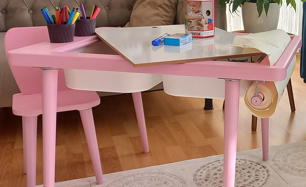 Pembe Renkli Montessori Ahşap Aktivite Masası - Huş Ağacı