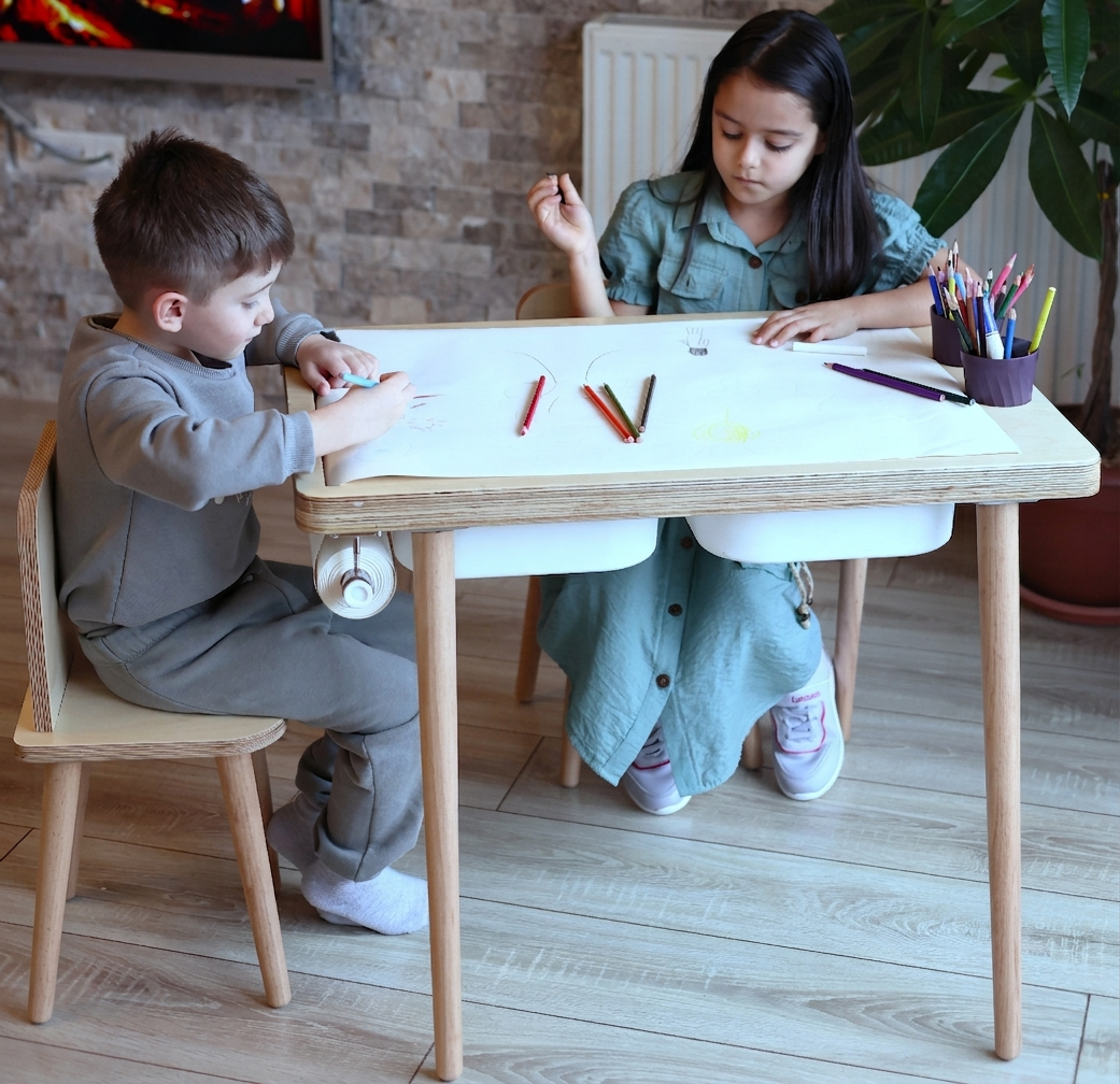 Montessori Masası ve Sandalye Seti - Huş Ağacı (Kalemlikli)